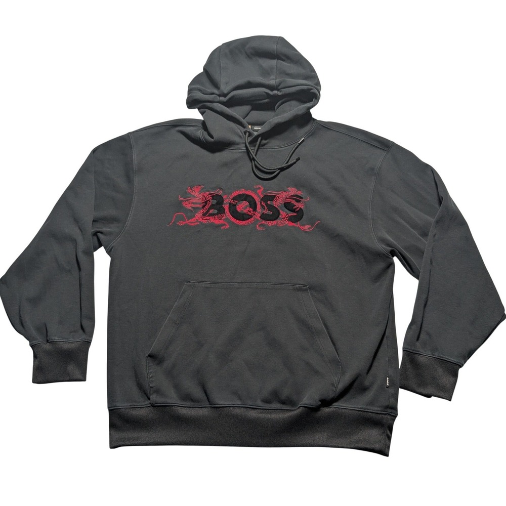Hugo Boss Year of the Dragon Embroidered XL Oversized Hoodie Black Red EUC